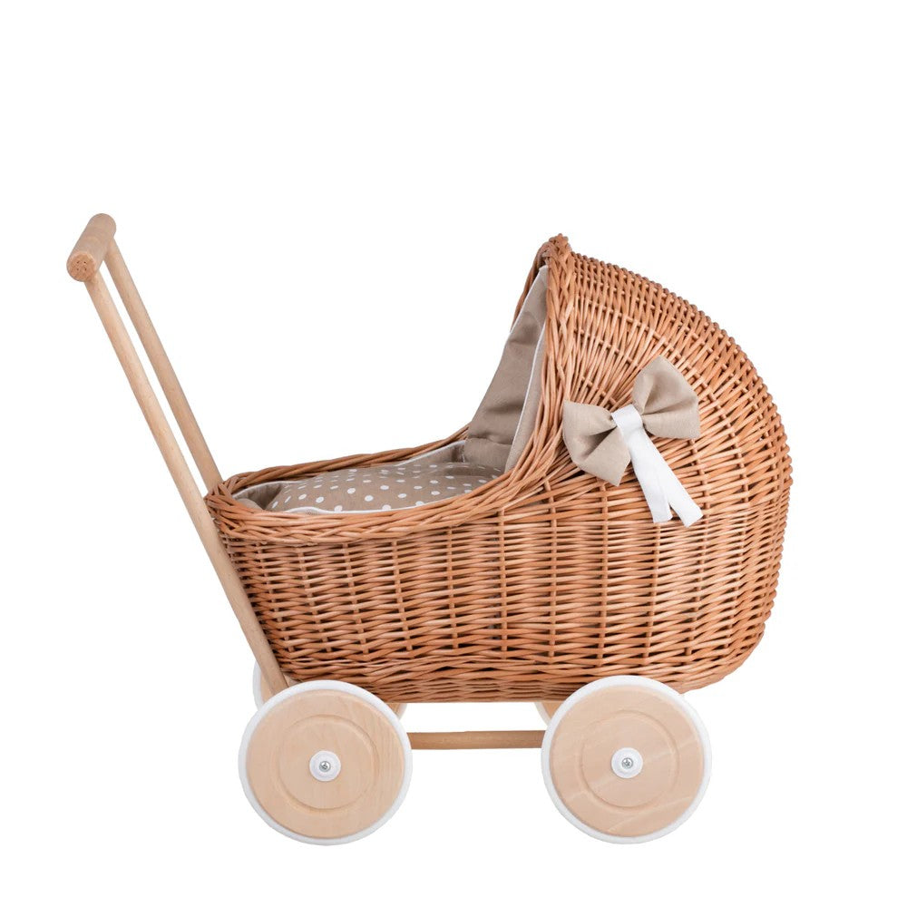 Wicker Doll Pram Lili – Beige Bedding