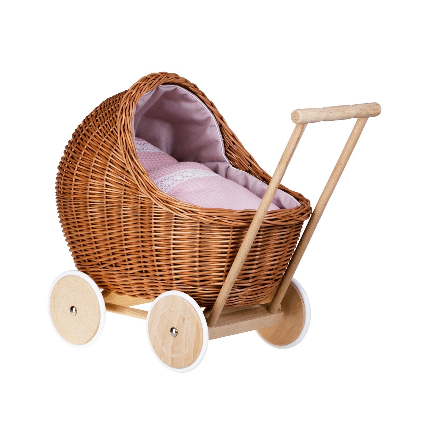 Wicker Doll Pram Lili – Pink Bedding