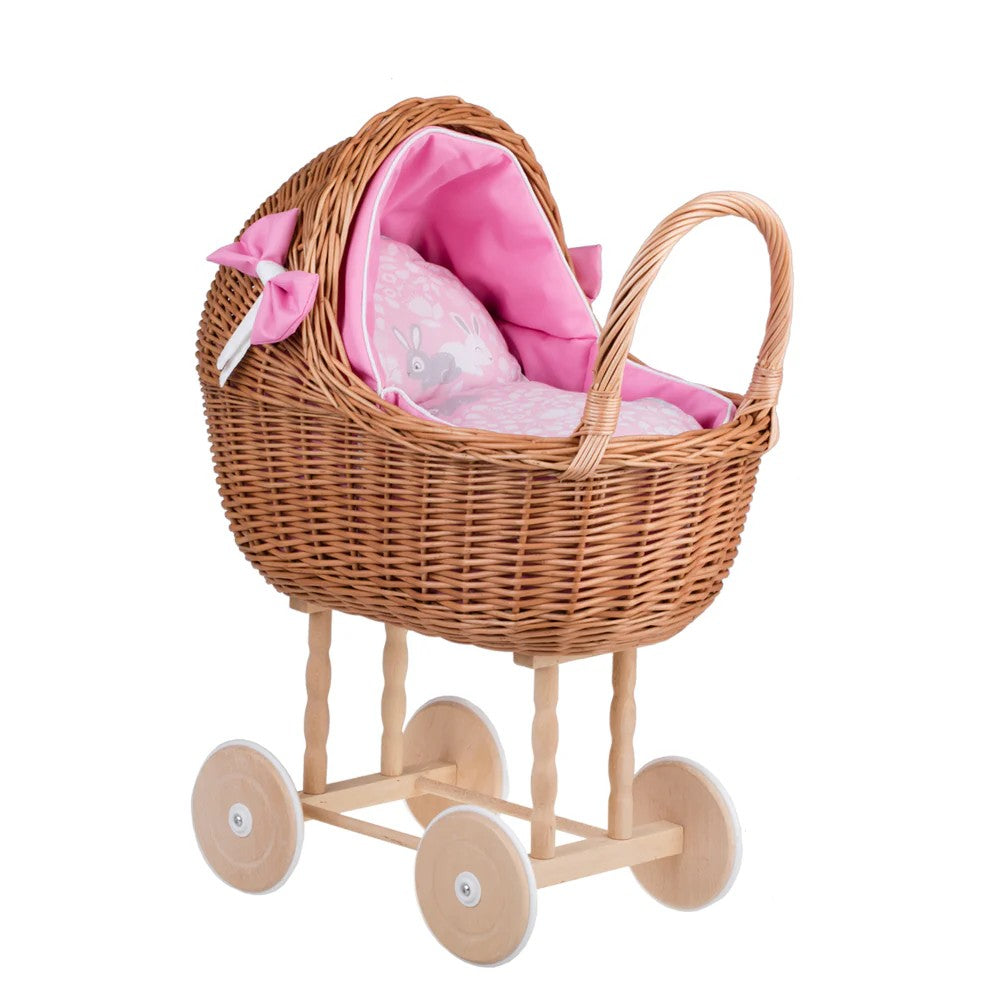 Wicker Doll Stroller Lena – Pink Bedding