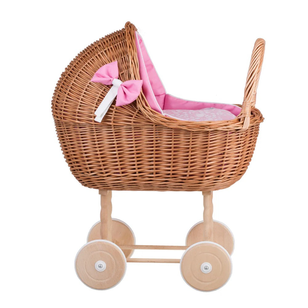 Wicker Doll Stroller Lena – Pink Bedding