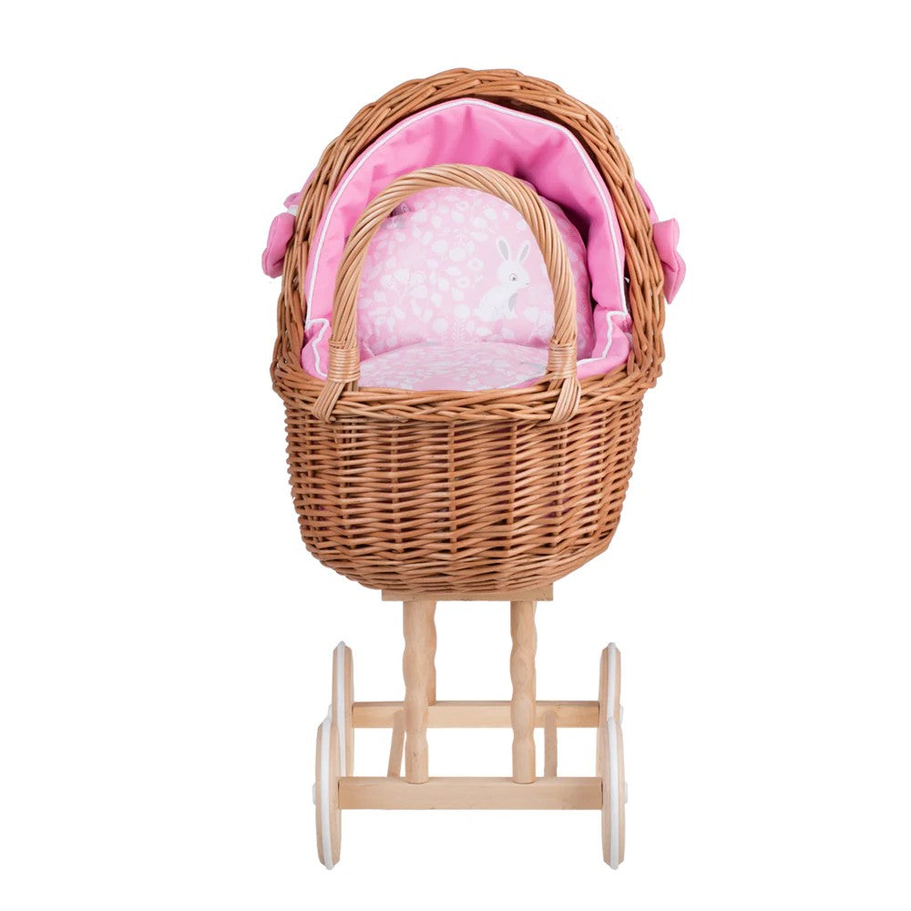 Wicker Doll Stroller Lena – Pink Bedding