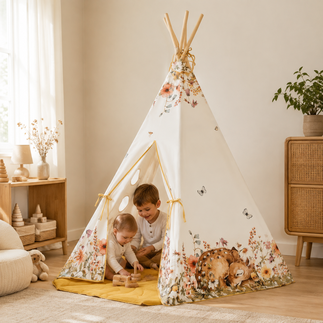 Geschwister spielen am Kinder-Tipi Wildflowers