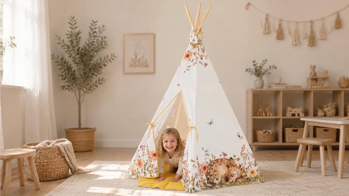 Kind krabbelt aus dem Wildflowers Spielzelt