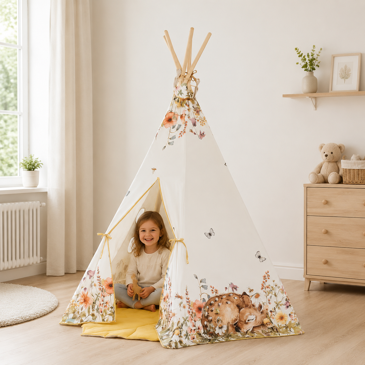 Kinder-Tipi Wildflowers mit Kind im skandinavischen Kinderzimmer
