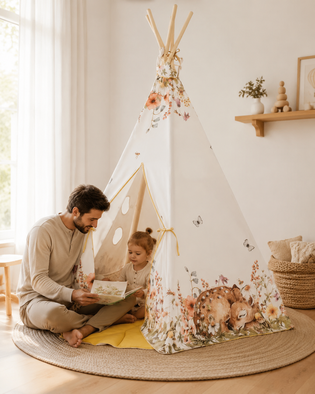 Vater liest mit Kind im Wildflowers Kinder-Tipi