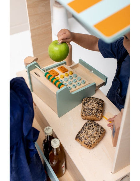 Holz-Kasse für Rollenspiele mit Scanner und Spielgeld